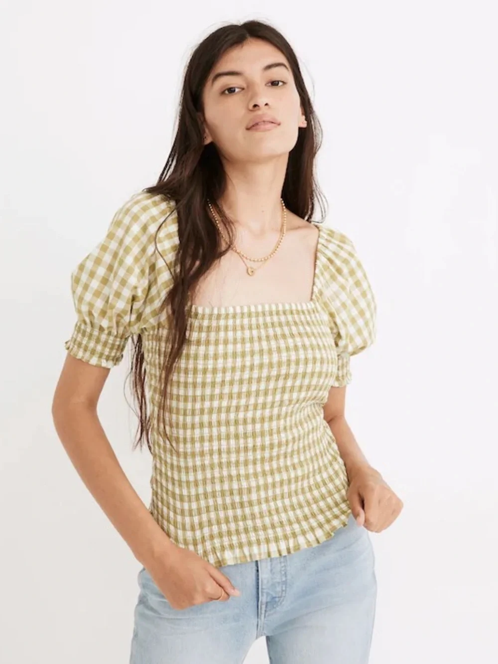 Madewell Olive & White Gingham Smocked Square-Neck Top